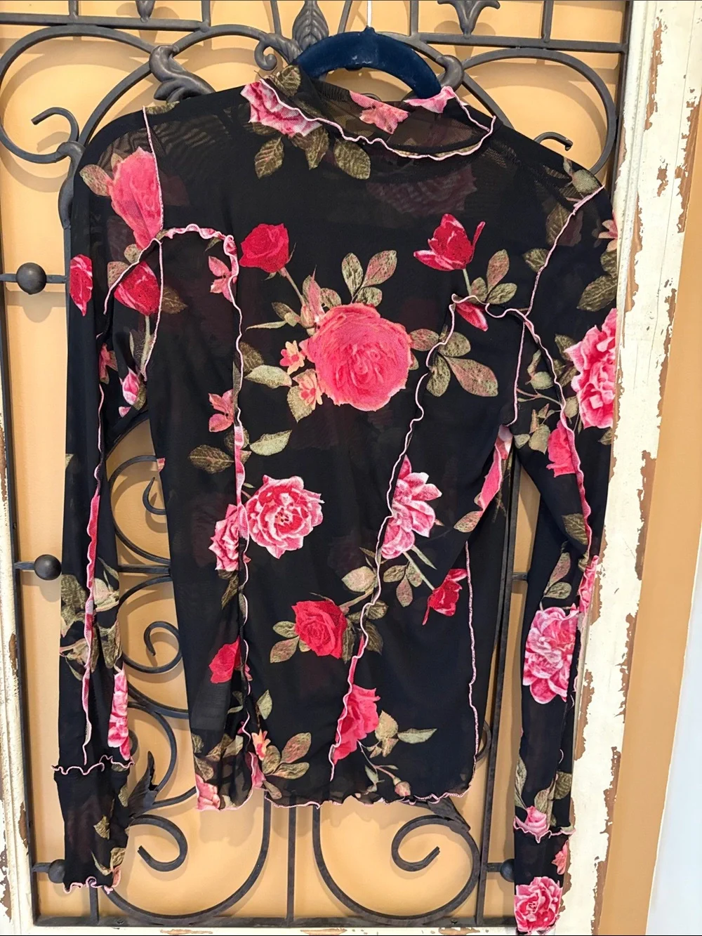 Free People Black Floral Mesh Long-Sleeve Top with Pink Roses